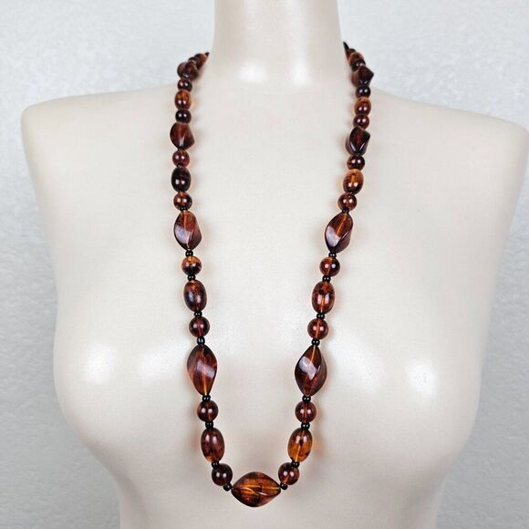 Vintage Long 30.5" Faux Cognac Amber Necklace Chunky Bead Marbled Plastic Brown - Picture 11 of 11